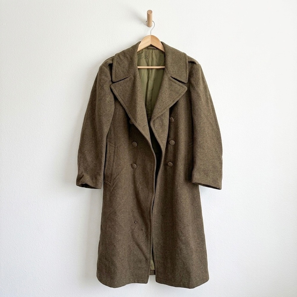 Vintage Military Wool Overcoat Heavy Duty Army Trench Coat Olive Drab 36R